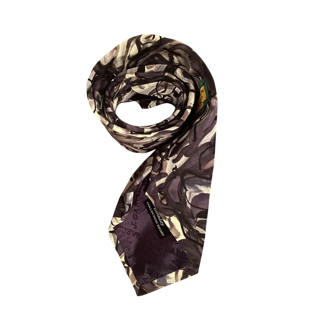 J. Garcia Mens Silk Necktie Happy Birthday Collection Eight Purple Grey Abstract
